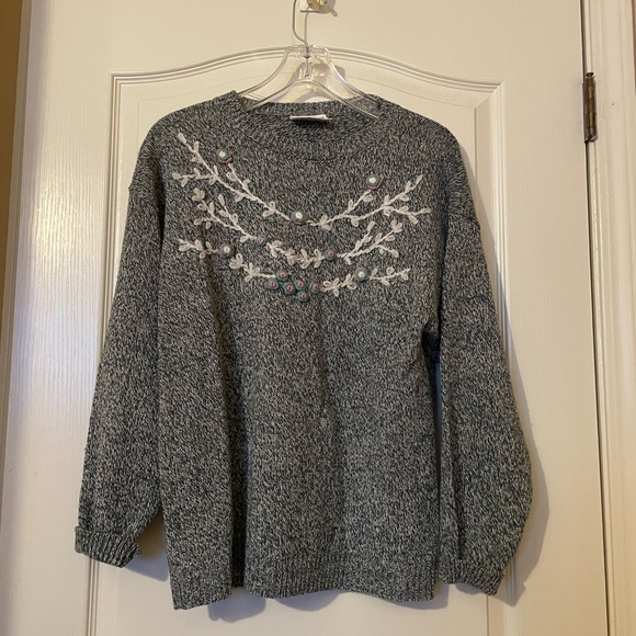 Personal Sweaters - Vintage Personal Gray White Marbled Floral Embroidered Sweater Size L Cottage